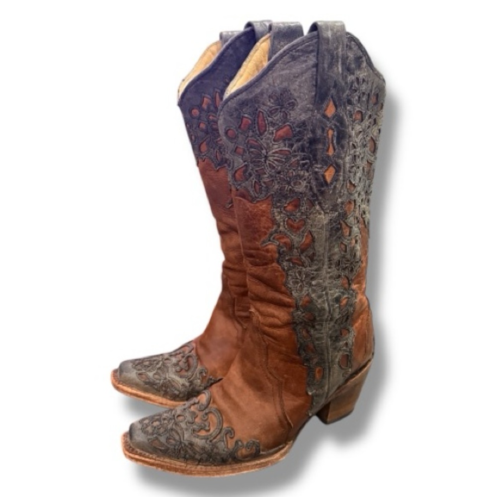 Corral Cowboy Boots Laser Cut Leather Lace Size 6 RARE COLORWAY Cognac Gray